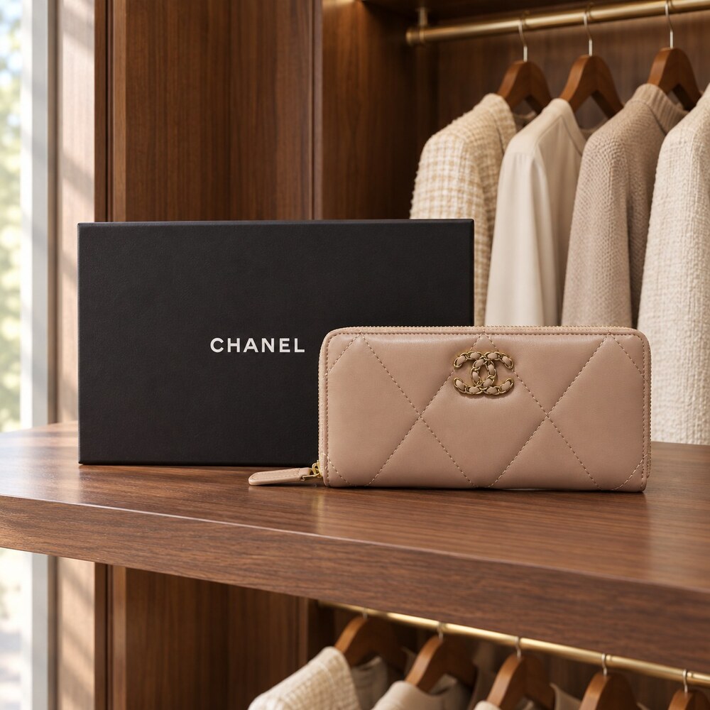 Chanel 19 Beige Lambskin Long Zip Wallet